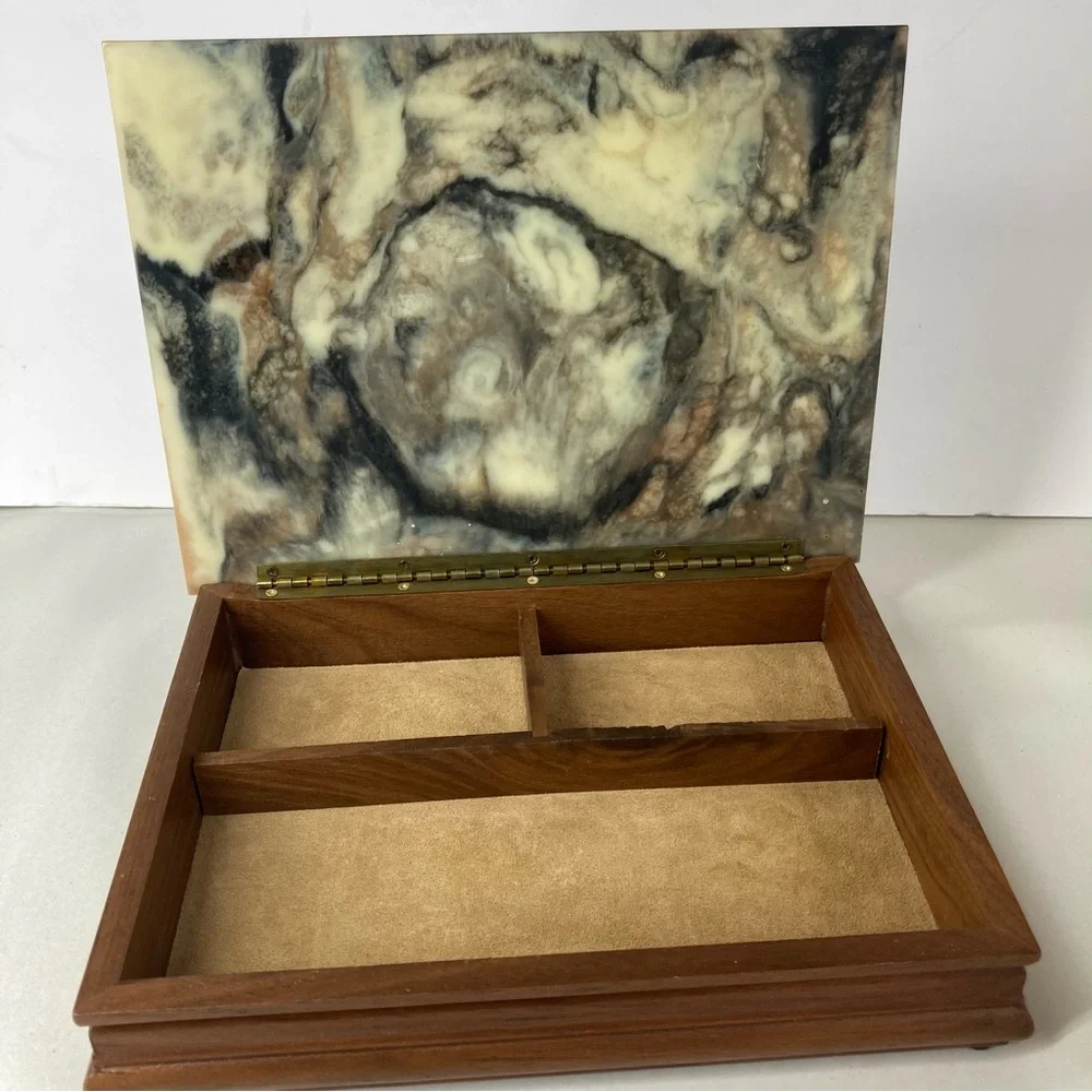Incolay Stone Jewelry Box Vintage Dante Carved USA Made Horses American Walnut